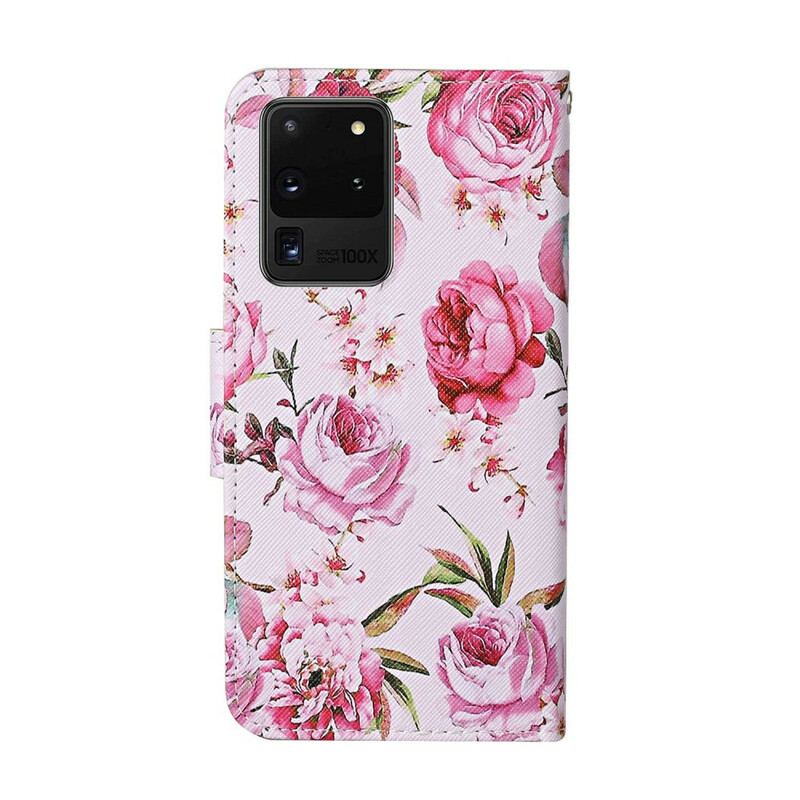 Flip Cover Samsung Galaxy S20 Ultra Mesterlige Blomster Med Rem