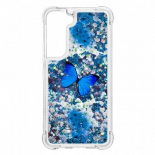 Cover Samsung Galaxy S22 5G Glitter Blå Sommerfugle