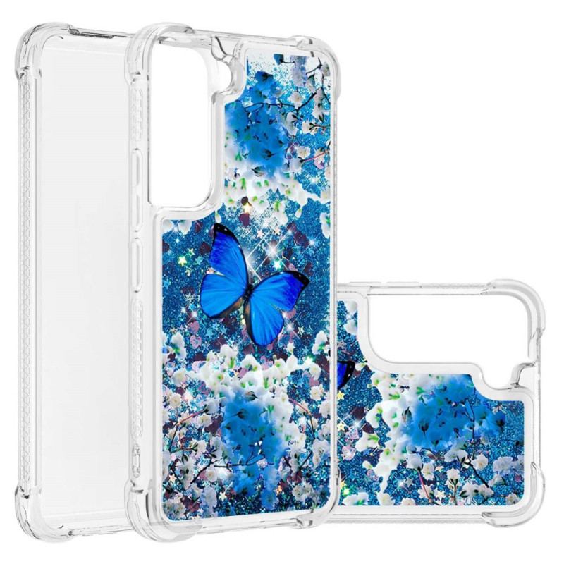 Cover Samsung Galaxy S22 5G Glitter Blå Sommerfugle