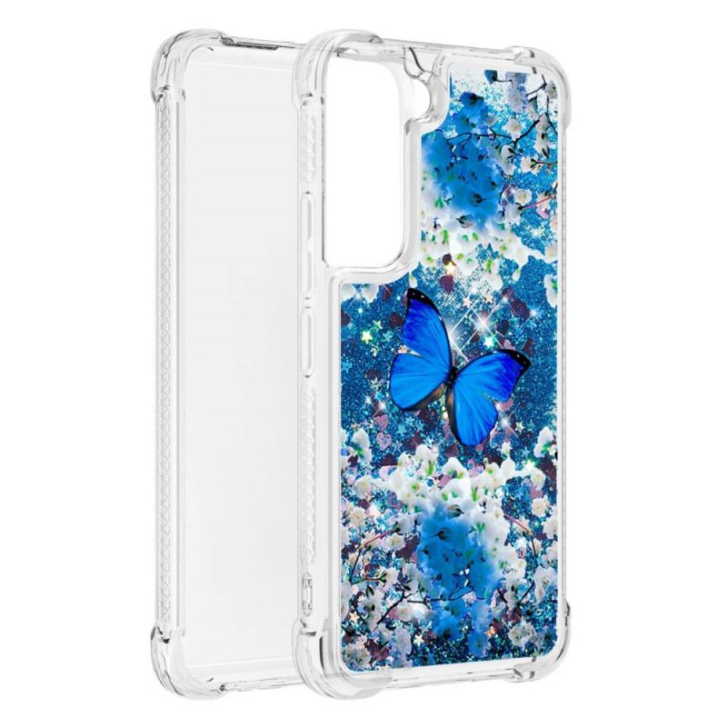 Cover Samsung Galaxy S22 5G Glitter Blå Sommerfugle