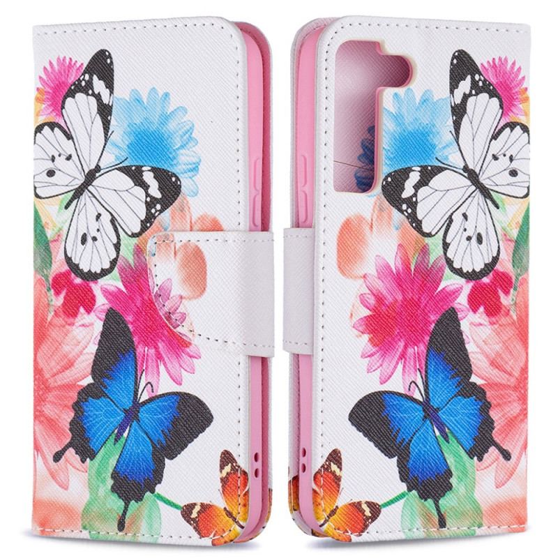 Flip Cover Samsung Galaxy S22 5G Malede Sommerfugle Og Blomster