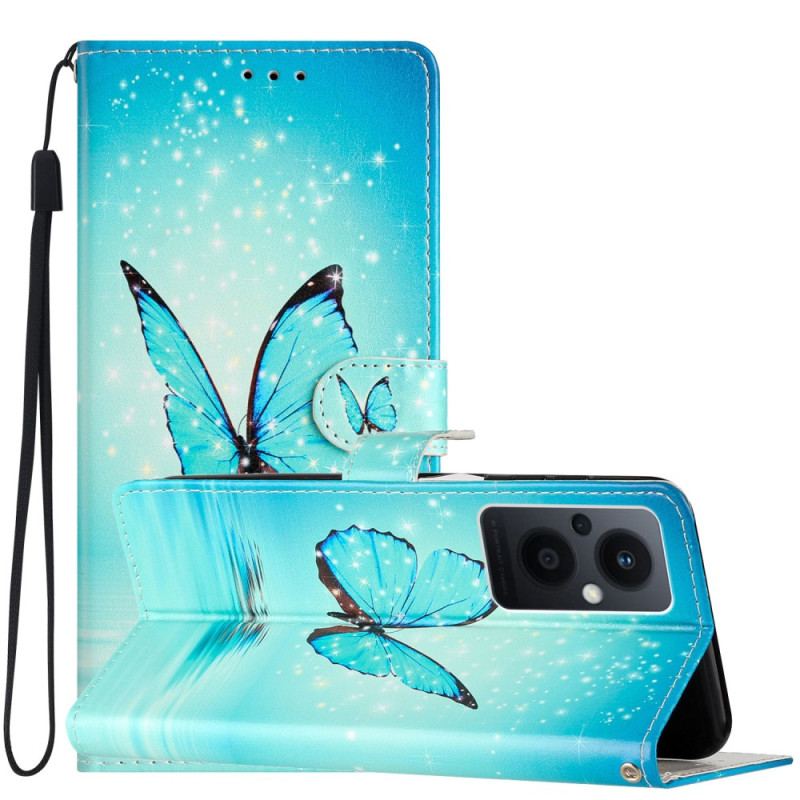 Flip Cover Oppo Reno 8 Lite Med Snor Blå Sommerfugle Med Rem