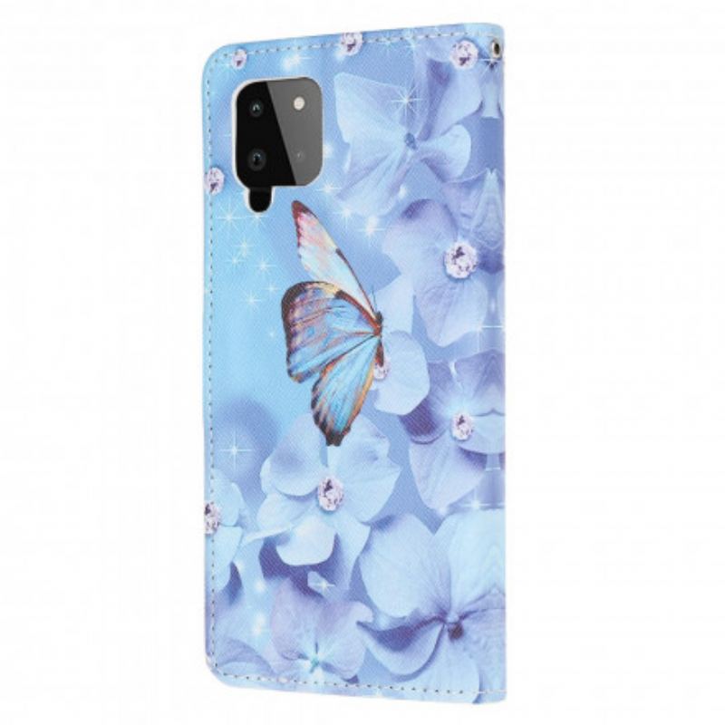 Flip Cover Samsung Galaxy A22 Med Snor Strappy Diamond Sommerfugle