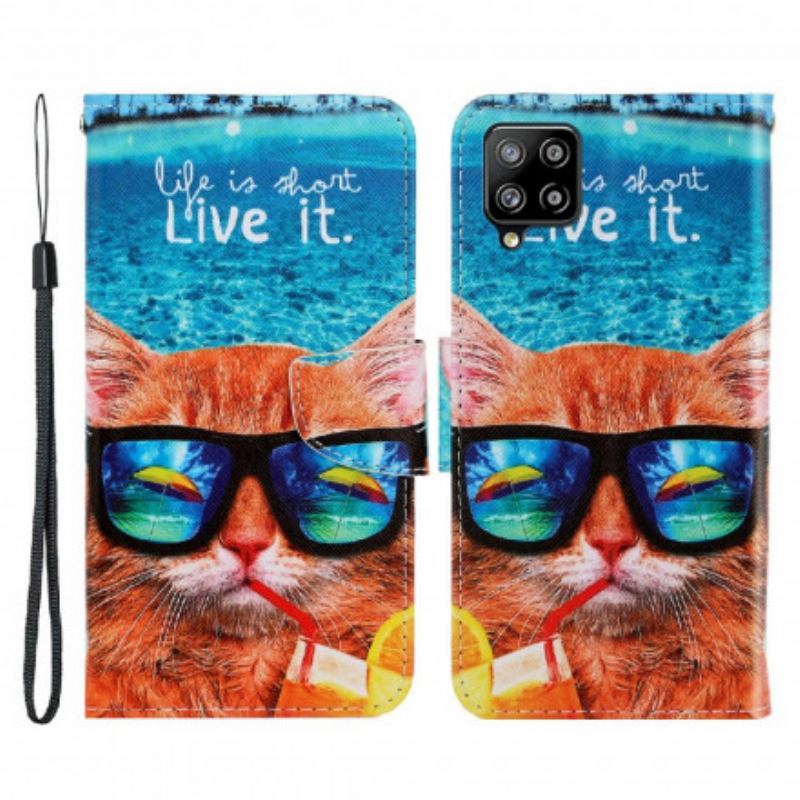 Læder Cover Samsung Galaxy A22 Med Snor Cat Live It Strappy