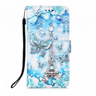 Læder Cover Samsung Galaxy A22 Med Snor Eiffeltårnets Sommerfuglestrop