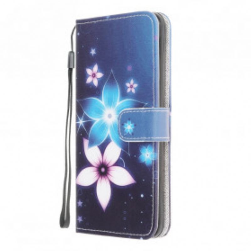 Læder Cover Samsung Galaxy A22 Med Snor Lunar Strap Blomster