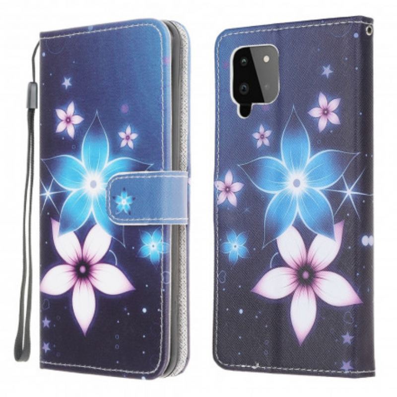 Læder Cover Samsung Galaxy A22 Med Snor Lunar Strap Blomster