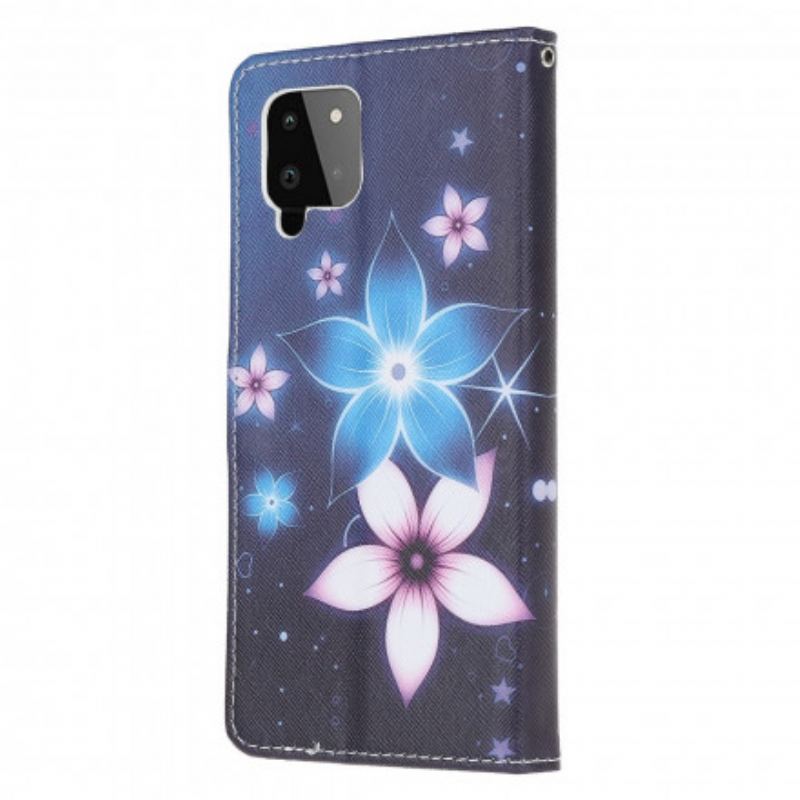 Læder Cover Samsung Galaxy A22 Med Snor Lunar Strap Blomster