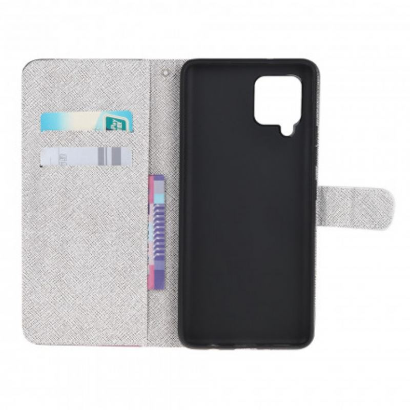 Læder Cover Samsung Galaxy A22 Med Snor Lunar Strap Blomster