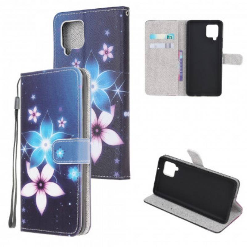 Læder Cover Samsung Galaxy A22 Med Snor Lunar Strap Blomster