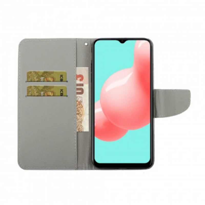 Læder Cover Samsung Galaxy A22 Med Snor Variationer Af Sommerfuglesrem