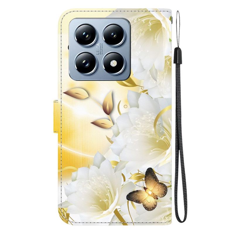 Flip Cover Til Xiaomi 14t Pro Gyldne Sommerfugle Og Hvide Blomster