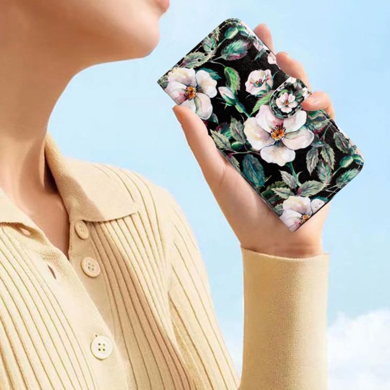 Læder Cover Xiaomi 14t Pro Telefon Etui Magnolia Mønster