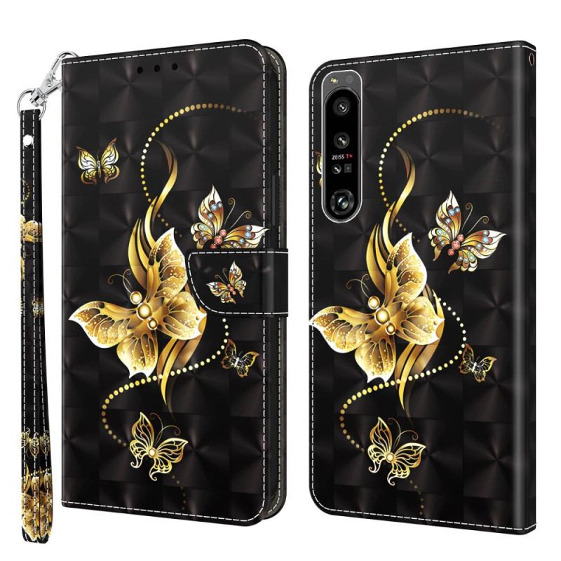 Flip Cover Sony Xperia 1 IV Med Snor Gyldne Sommerfugle Med Rem