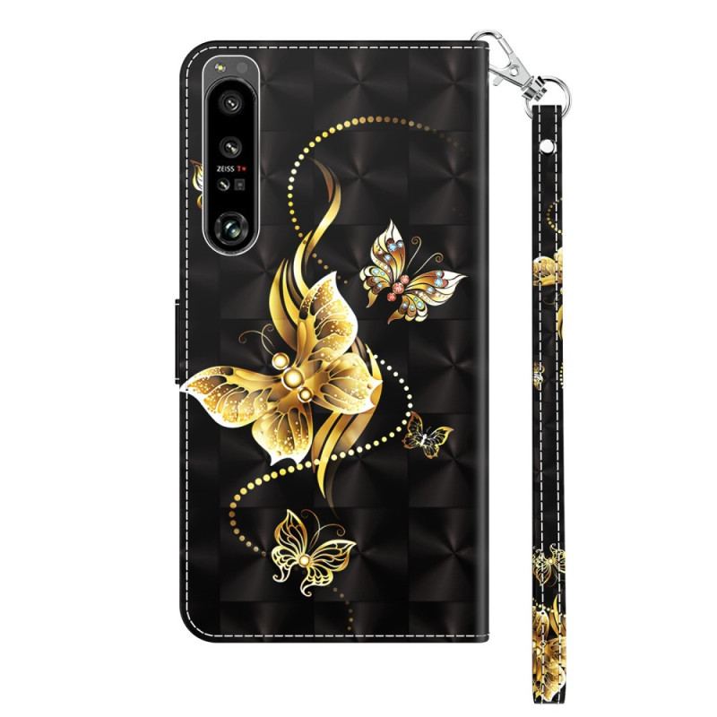 Flip Cover Sony Xperia 1 IV Med Snor Gyldne Sommerfugle Med Rem