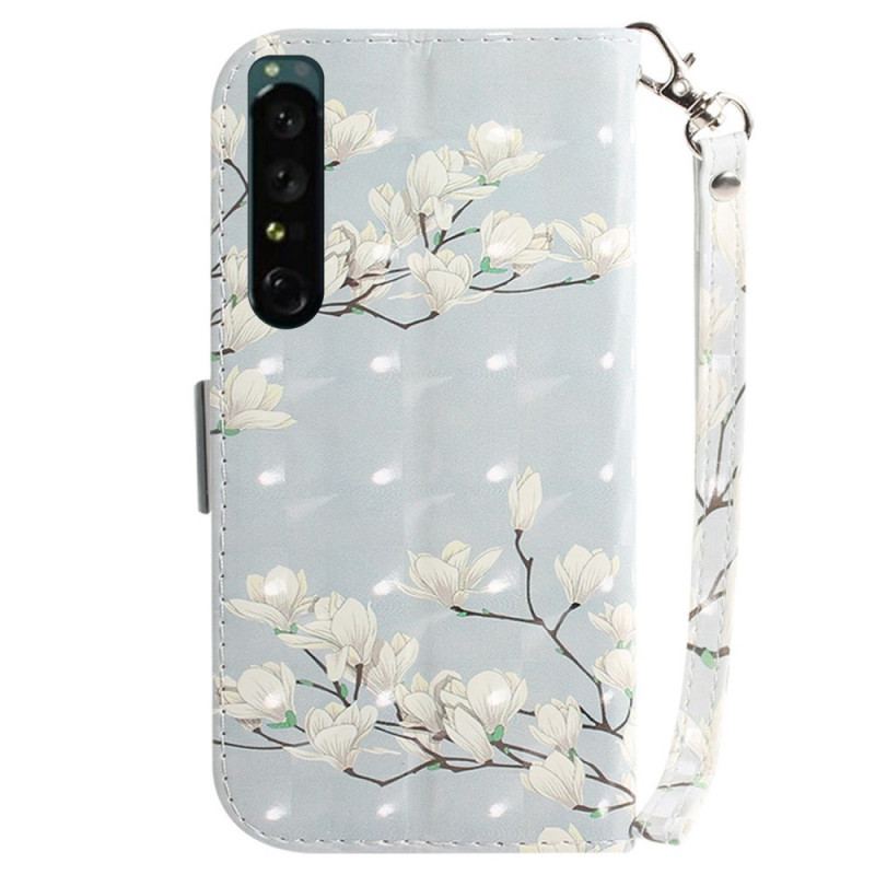 Flip Cover Sony Xperia 1 IV Med Snor Strappy Hvide Blomster