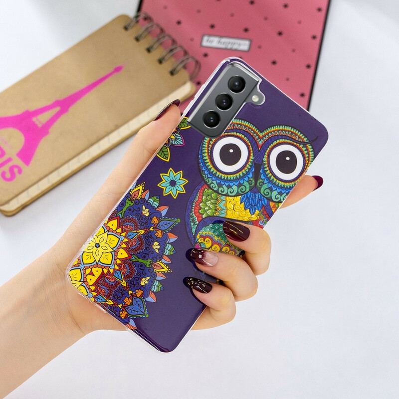 Cover Samsung Galaxy S21 FE Fluorescerende Ugle Mandala