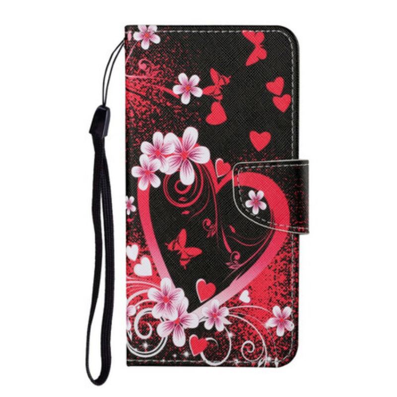 Flip Cover Samsung Galaxy S21 FE Blomster Og Hjerter Med Snor