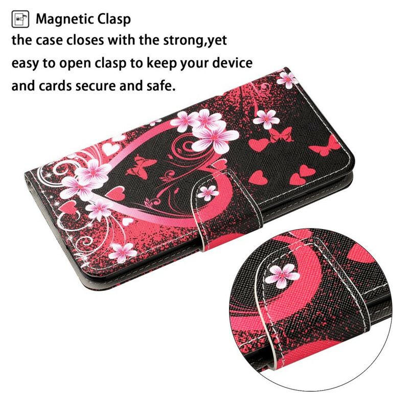 Flip Cover Samsung Galaxy S21 FE Blomster Og Hjerter Med Snor