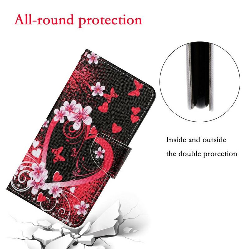 Flip Cover Samsung Galaxy S21 FE Blomster Og Hjerter Med Snor