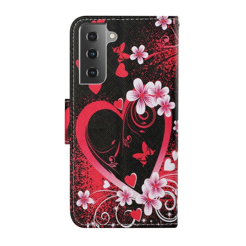 Flip Cover Samsung Galaxy S21 FE Blomster Og Hjerter Med Snor