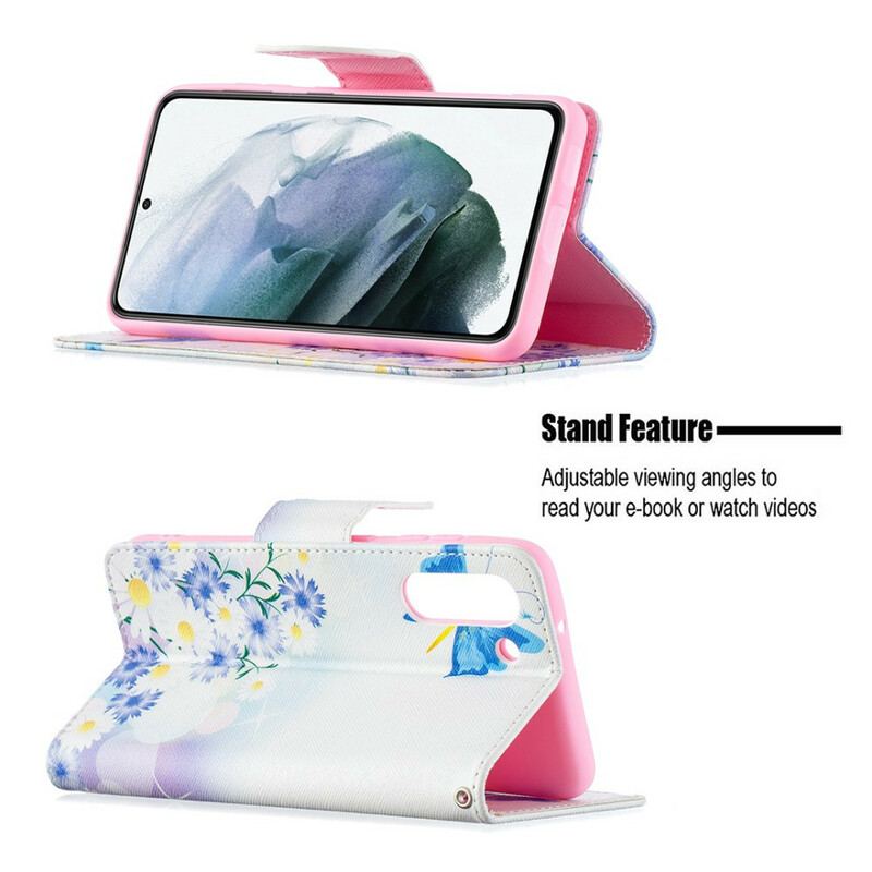 Flip Cover Samsung Galaxy S21 FE Malede Sommerfugle Og Blomster