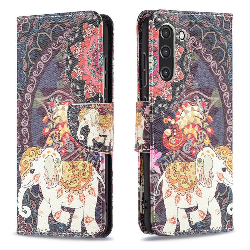 Flip Cover Samsung Galaxy S21 FE Mandala Med Etniske Elefanter