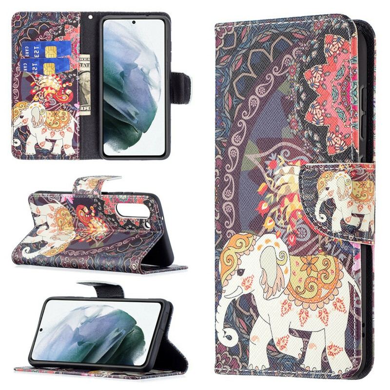 Flip Cover Samsung Galaxy S21 FE Mandala Med Etniske Elefanter