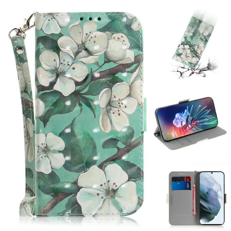 Flip Cover Samsung Galaxy S21 FE Med Snor Blomstrende Gren Med Rem