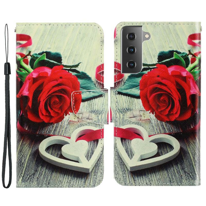 Flip Cover Samsung Galaxy S21 FE Med Snor Romantisk Rose Med Rem