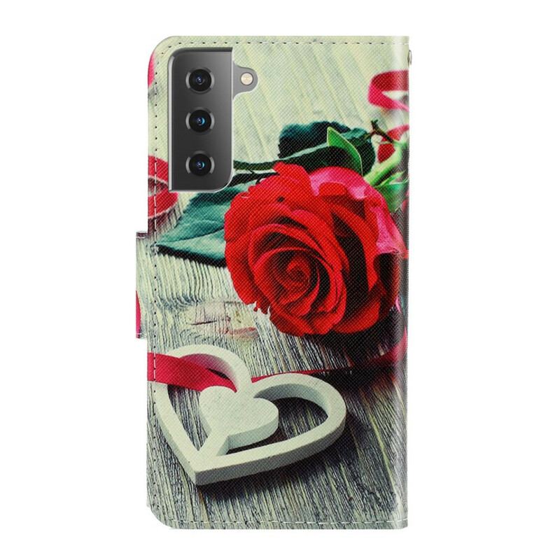 Flip Cover Samsung Galaxy S21 FE Med Snor Romantisk Rose Med Rem