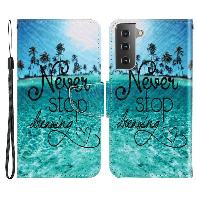 Flip Cover Samsung Galaxy S21 FE Med Snor Stop Aldrig Med At Drømme Navy Strappy