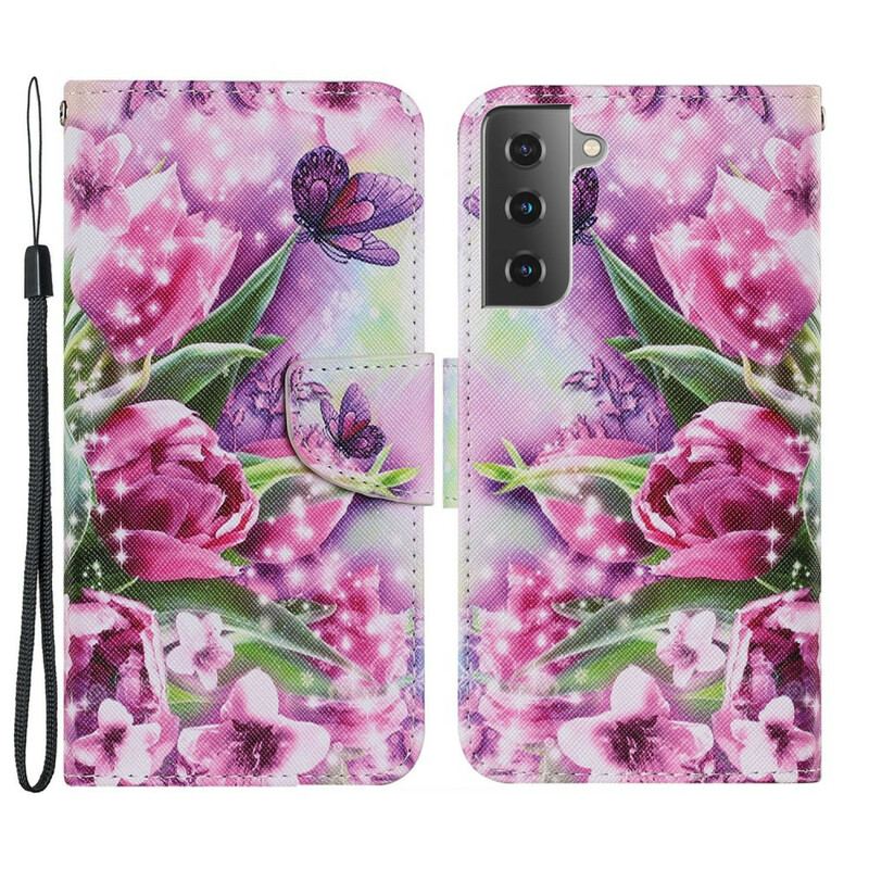 Flip Cover Samsung Galaxy S21 FE Sommerfugle Og Tulipaner