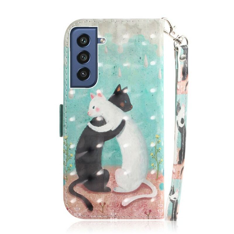 Læder Cover Samsung Galaxy S21 FE Med Snor Strappy Cat Friends