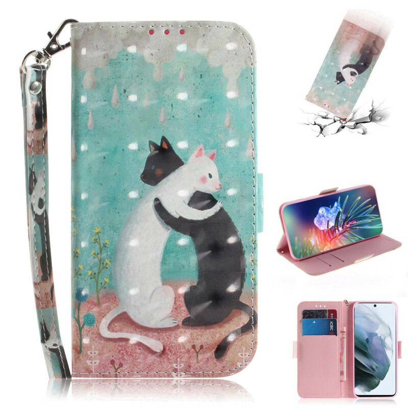 Læder Cover Samsung Galaxy S21 FE Med Snor Strappy Cat Friends