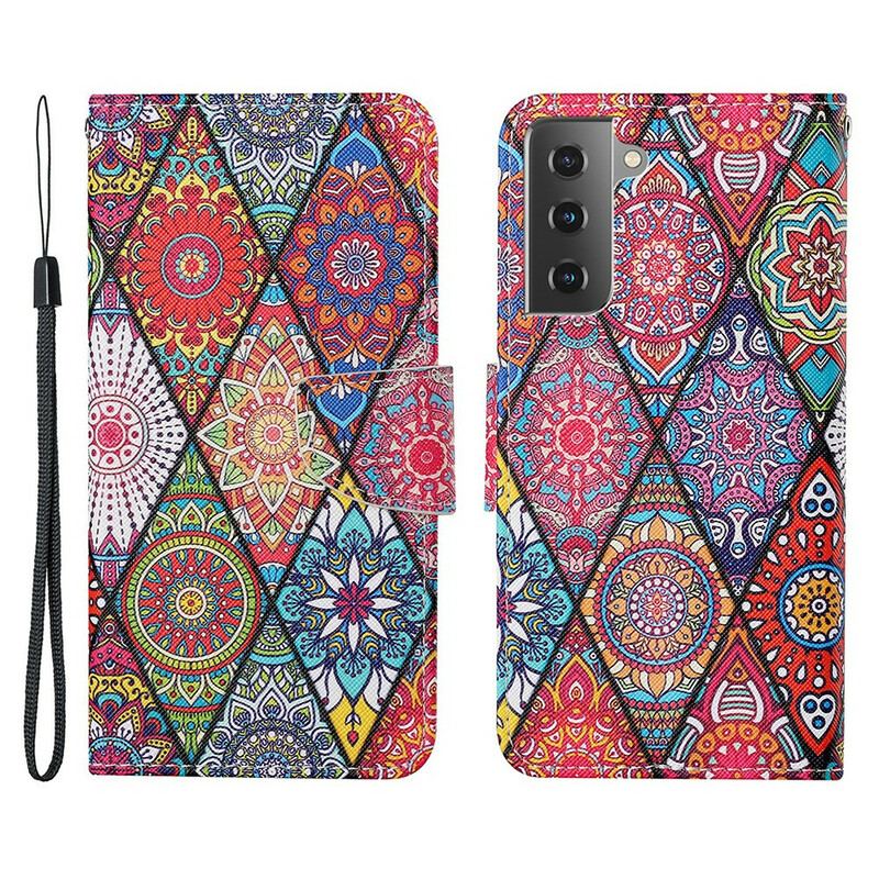 Læder Cover Samsung Galaxy S21 FE Patchwork Med Lanyard