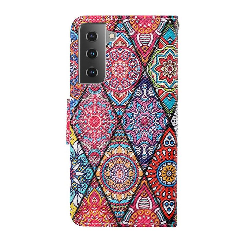 Læder Cover Samsung Galaxy S21 FE Patchwork Med Lanyard