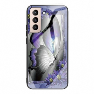 Mobilcover Samsung Galaxy S21 FE Lilla Sommerfugl Hærdet Glas