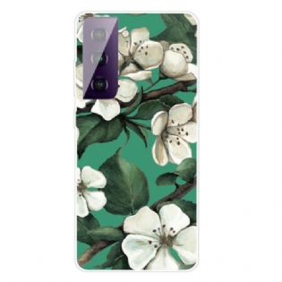 Mobilcover Samsung Galaxy S21 FE Malede Hvide Blomster