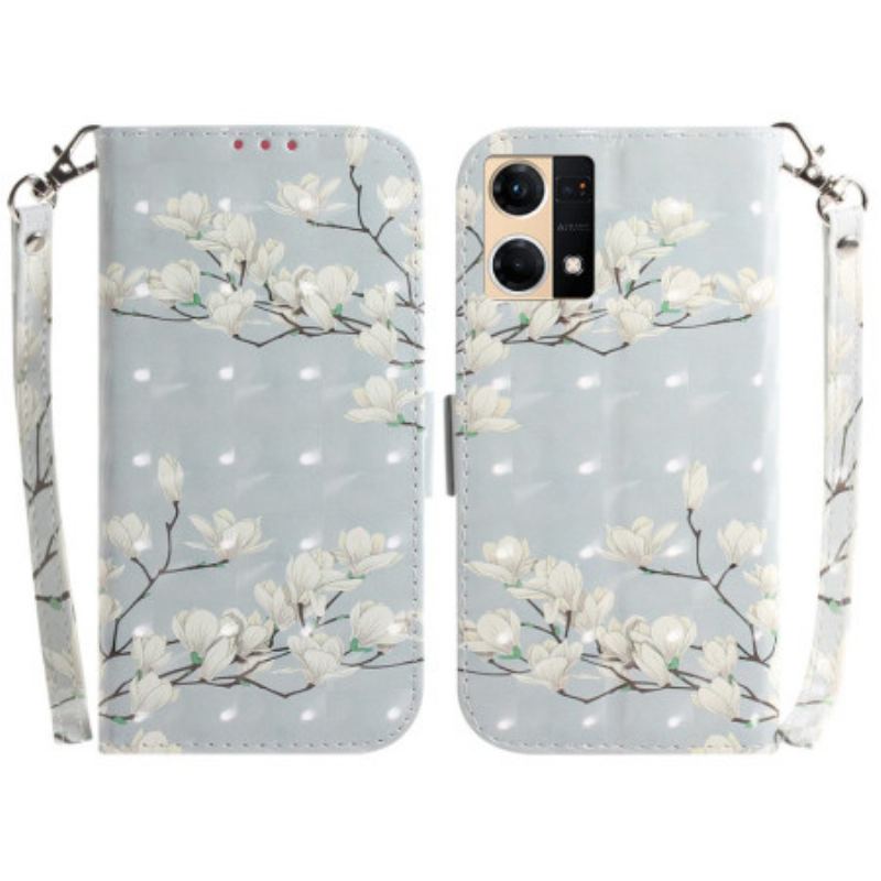 Flip Cover Oppo Reno 7 Gren Af Hvide Blomster