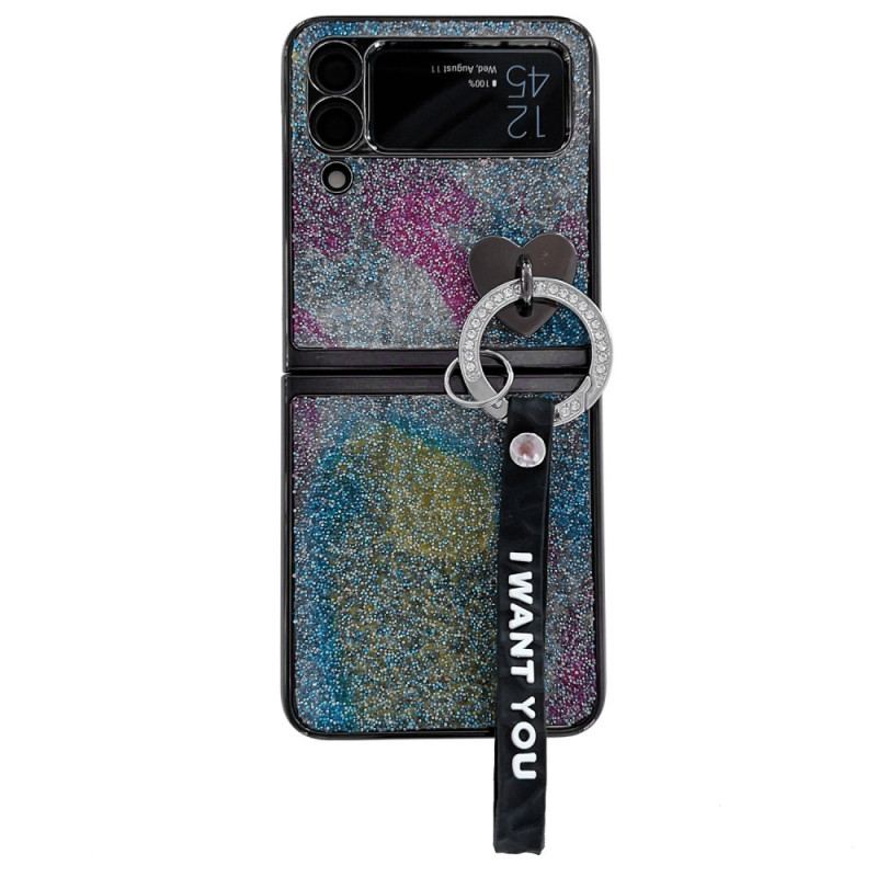 Cover Samsung Galaxy Z Flip 3 5G Flip Cover Pailletter Charms Og Lanyard