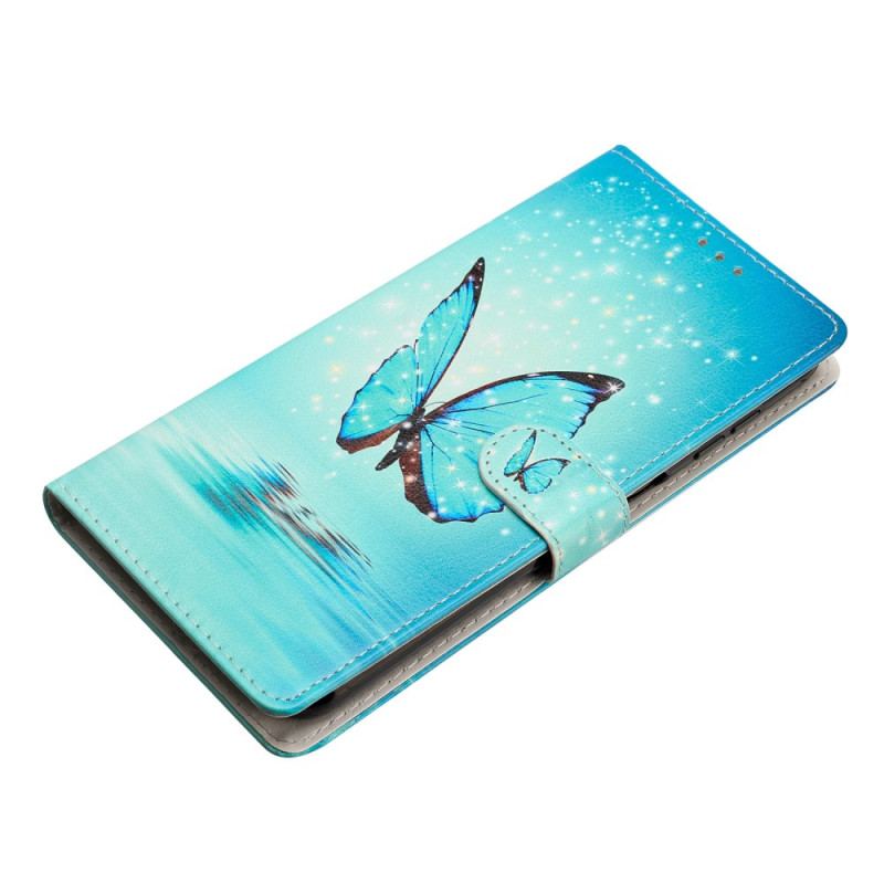 Flip Cover Samsung Galaxy S24 5g Blå Sommerfugle Med Rem