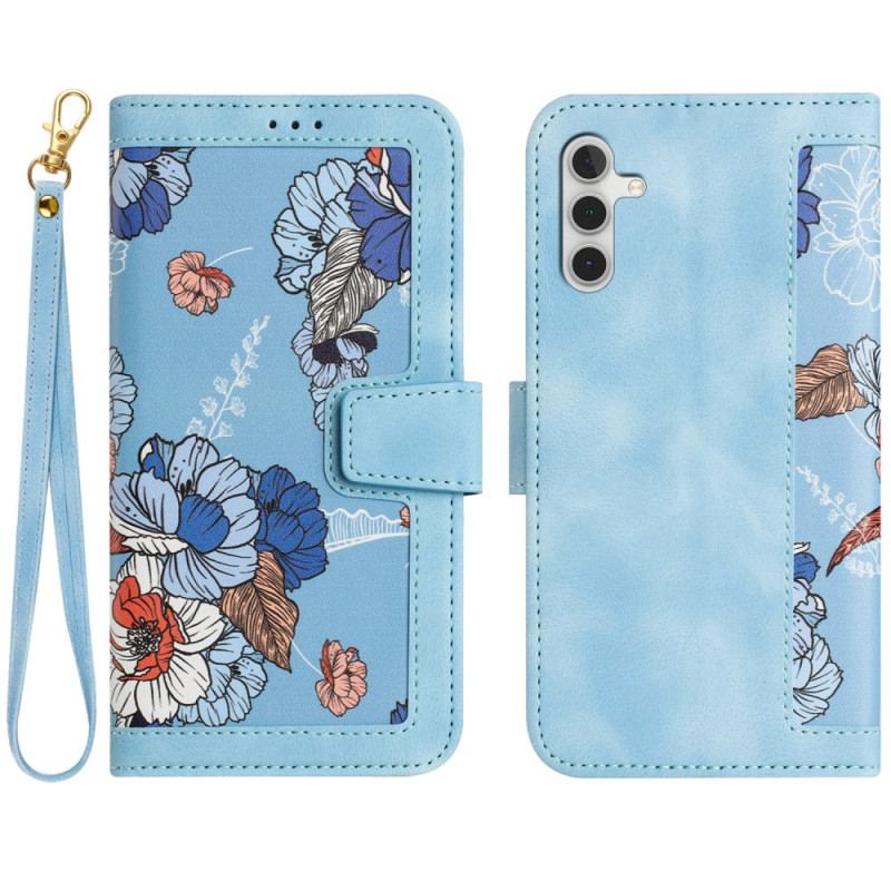 Flip Cover Til Samsung Galaxy S24 5g Kunstnerisk Blomstermønster Med Rem