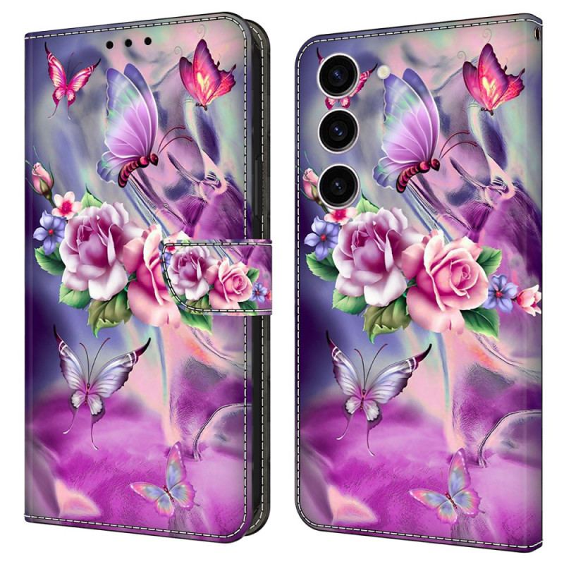 Flip Cover Til Samsung Galaxy S24 5g Sommerfugle Og Violette Blomster