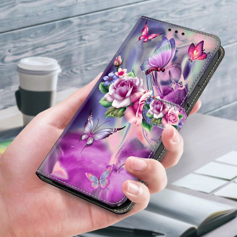 Flip Cover Til Samsung Galaxy S24 5g Sommerfugle Og Violette Blomster