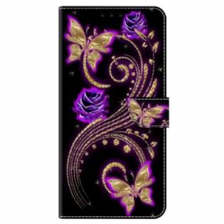 Flip Cover Til Samsung Galaxy S24 5g Violette Blomster Og Sommerfugle