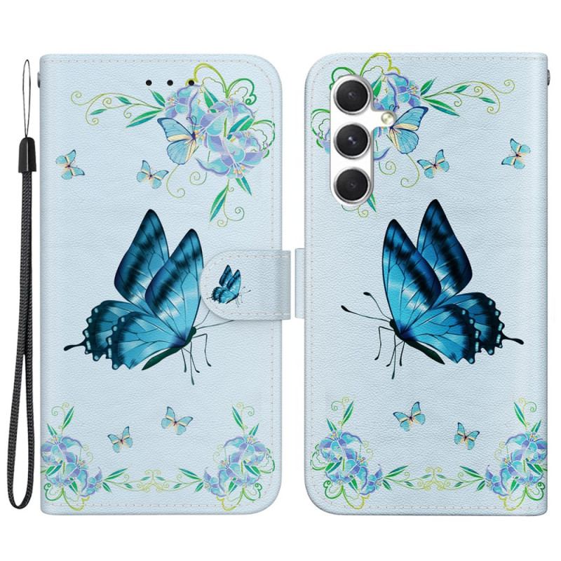 Læder Cover Samsung Galaxy S24 5g Telefon Etui Blå Sommerfugl Og Blomster