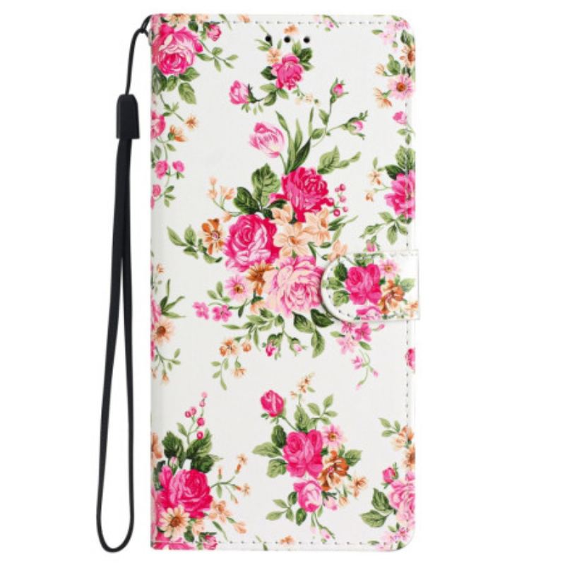 Læder Cover Samsung Galaxy S24 5g Telefon Etui Røde Blomster Med Rem