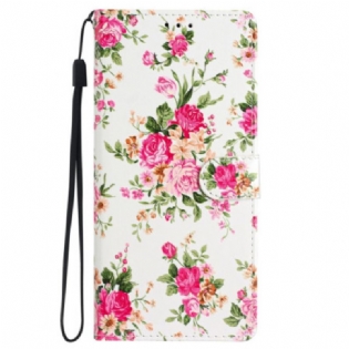 Læder Cover Samsung Galaxy S24 5g Telefon Etui Røde Blomster Med Rem