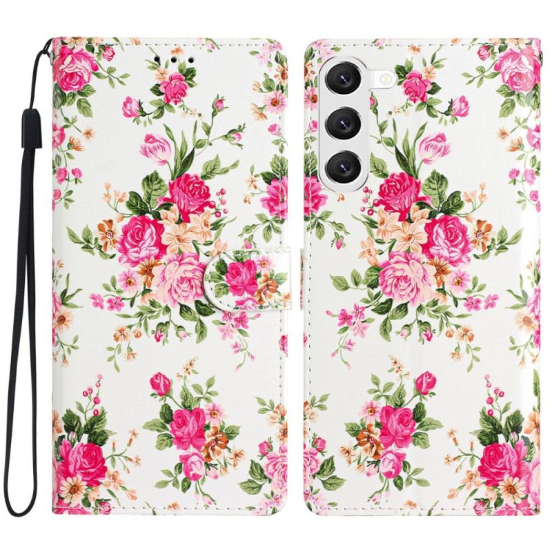 Læder Cover Samsung Galaxy S24 5g Telefon Etui Røde Blomster Med Rem